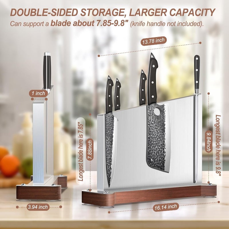 DAJOUJS Large Magnetic Knife Block Holder Without Knives for Kitchen Counter, Stainless Steel Material Magnetic Knife Storage Stand Rack with Strong Double Sided Magnet and Wood Base - 16.15 x 11 Inches - Image 5